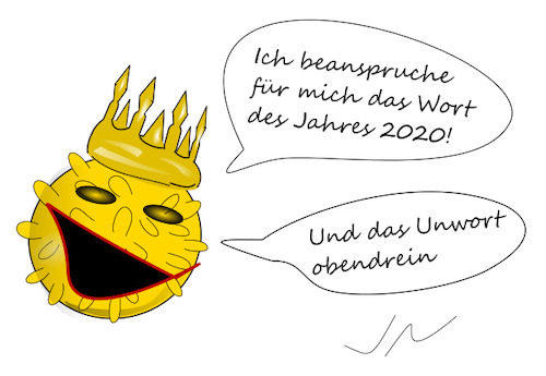 Cartoon: Corona (medium) by Jochen N tagged covid,19,pandemie,impfstoff,lockdown,maske,virus,schelm,narr,krone,könig,anspruch,wort,unwort,2020,monarchie,diktatur