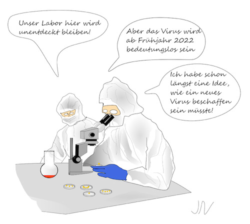 Cartoon: Coronavirus (medium) by Jochen N tagged biowaffe,untersuchung,erreger,aggressiv,wirkung,petrischale,forschung,labor,wissenschaft,mikroskop,corona,pandemie,covid,19,virus,viren