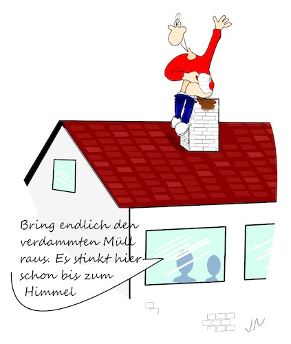 Cartoon: Dachstuhl (medium) by Jochen N tagged dachstuhl,dach,schornstein,kot,stuhlgang,wc,toilette,klo,klopapier,müll,gestank,stinken,geruch,kamin,winken,po,arsch