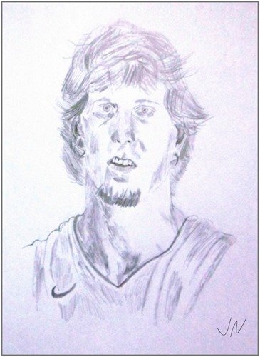 Cartoon: Dirk Nowitzki (medium) by Jochen N tagged dirk,nowitzki,portrait,ball,basketball,dallas