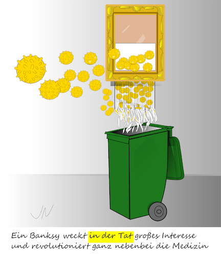 Cartoon: Genialer Banksy (medium) by Jochen N tagged genial,gemälde,schredder,streetart,künstler,kunst,kunstwerk,museum,müll,abfall,mülleimer,biotonne,medizin,mechanik,corona,virus,viren,covid,19,pandemie