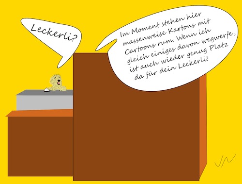 Cartoon: Lecker Cartoon (medium) by Jochen N tagged leckerli,hund,hunger,fressen,laden,klingel,glocke,kunde,papier,cartoons,karton,wegwerfen,entsorgen,müll