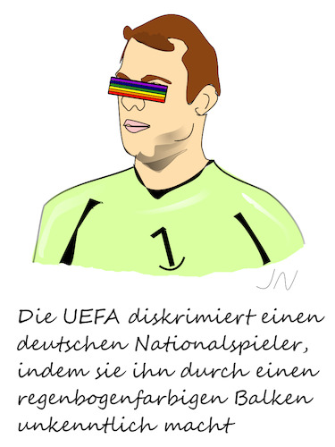 Cartoon: Neuer (medium) by Jochen N tagged anonym,unkenntlich,manuel,neuer,torwart,kapitän,kapitänsbinde,nationalmannschaft,regenbogen,vielfalt,uefa,dfb,em,europameisterschaft,fußball,diskriminierung,ungarn,orban,schwul,homosexuell