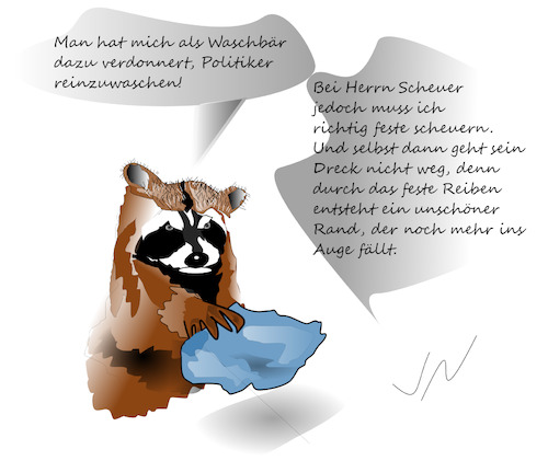 Cartoon: Scheuer (medium) by Jochen N tagged verkehrsminister,csu,maut,auto,pkw,lobby,waschbär,waschen,dreck,scheuern,reiben,lappen,waschlappen,putzlappen