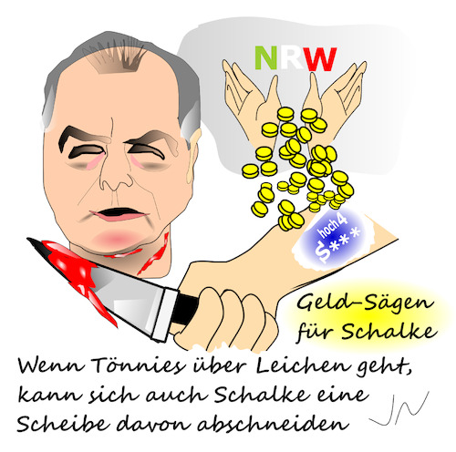 Cartoon: Tönnies (medium) by Jochen N tagged schalke,bundesliga,fußball,fleisch,blut,nrw,laschet,bürgschaft,pleite,geldsegen,säge,messer,leichen,corona,pandemie