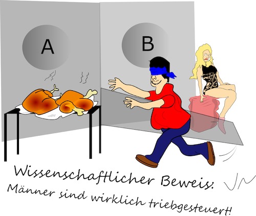 Cartoon: Triebgesteuert (medium) by Jochen N tagged trieb,sexy,hähnchen,fast,food,imbiss,wissenschaft,versuch,studie,geruch,geruchssinn,kopftuch,augenbinde