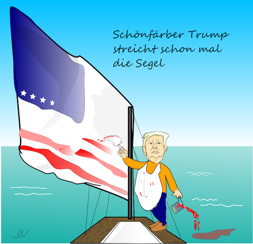 Cartoon: Trump Wahlkampf (medium) by Jochen N tagged schönfärber,segel,streichen,meer,aufgeben,präsident,usa,klima,erderwärmung,segelboot,fahne,flagge,farbe,farbtopf,maler,schiff,boot,umweltzerstörung,umweltverschmutzung