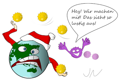 Cartoon: Weltlicher Jongleur (medium) by Jochen N tagged weihnachten,weihnachtsmann,corona,covid,19,pandemie,lockdown,impf,mutation,jonglieren,erde,welt,gleichgewicht,freude,spaß,lustig