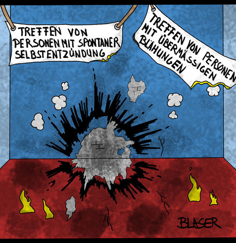 Cartoon: Treffen (medium) by Thats Life tagged selbstentzündung,blähungen,furz,explosion