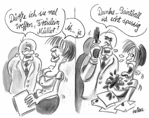 Cartoon: anmache (medium) by REIBEL tagged arbeitsplatz,anmache,belästigung,sexuell,paintball,schuss,pistole,missverständnis,arbeitsplatz,anmache,belästigung,sexuell,paintball,schuss,pistole,missverständnis