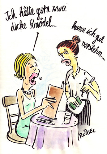 Cartoon: Empathie (medium) by REIBEL tagged freud,busen,knödel,restaurant,bedienung,selbstbild,empathie,psychologie,freud,busen,knödel,restaurant,bedienung,selbstbild,empathie,psychologie