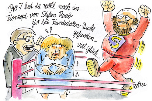 Cartoon: Kandidatenduell (medium) by REIBEL tagged schulz,merkel,wahlkampf,bundestagswahl,duell,kanidaten,cdu,spd,ringkampf,ring,schlagabtausch,wrestling,schulz,merkel,wahlkampf,bundestagswahl,duell,kanidaten,cdu,spd,ringkampf,ring,schlagabtausch,wrestling