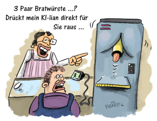 Cartoon: KI (medium) by REIBEL tagged handwerk,ki,intelligenz,metzger,wurst,automat,handwerk,ki,intelligenz,metzger,wurst,automat