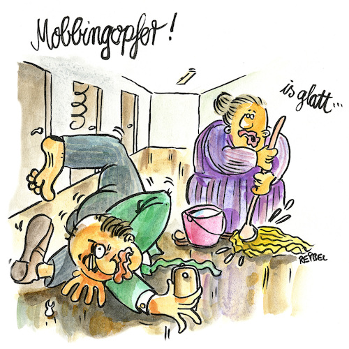 Cartoon: mobbingopfer (medium) by REIBEL tagged mobbing,opfer,beruf,wischen,putzfrau,nass,feucht,rutschig,glatt,ausrutschen,sturz,verletzung,zahn,glätte,boden,putzen,mobbing,opfer,beruf,wischen,putzfrau,nass,feucht,rutschig,glatt,ausrutschen,sturz,verletzung,zahn,glätte,boden,putzen