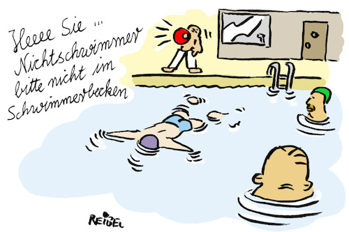 Cartoon: Nichtschwimmer (medium) by REIBEL tagged schwimmbad,bademeister,schwimmer,nichtschwimmer,ertrunken,wasser,badekappe,hallenbad,missverständnis,rettungslos,schwimmbad,bademeister,schwimmer,nichtschwimmer,ertrunken,wasser,badekappe,hallenbad,missverständnis,rettungslos