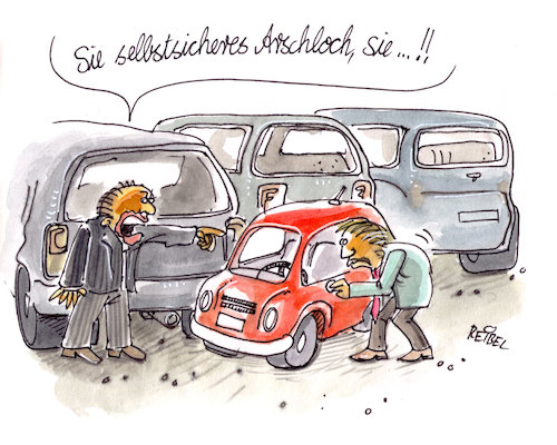 Cartoon: Statussymbol (medium) by REIBEL tagged schwäche,selbstbewusstsein,status,symbol,auto,wut,kleinwagen,suv,parkplatz,neid,schwäche,selbstbewusstsein,status,symbol,auto,wut,kleinwagen,suv,parkplatz,neid