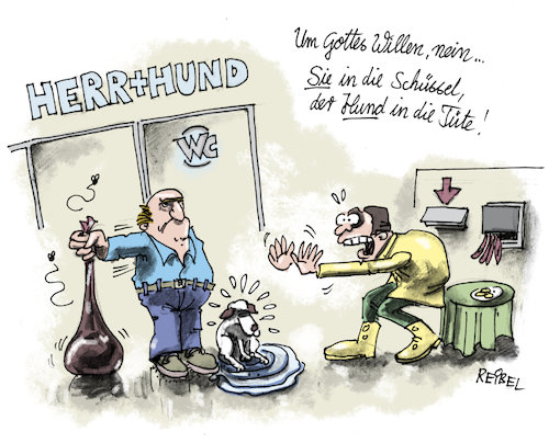 Cartoon: Thementoilette (medium) by REIBEL tagged toilette,wc,hund,herrchen,tüte,geschäft,trend,innovation,startup,geschäfts,idee,business,toilette,wc,hund,herrchen,tüte,geschäft,trend,innovation,startup,geschäfts,idee,business