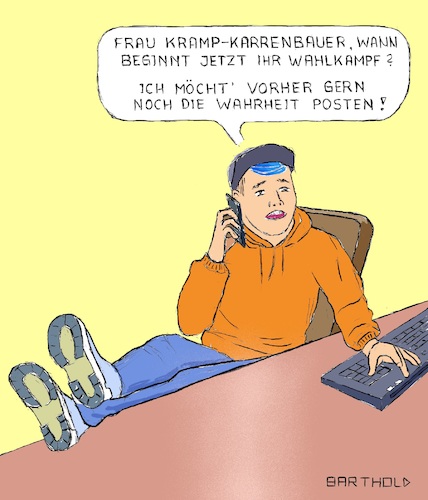 Cartoon: AKK auf Illiberalen Pfaden (medium) by Barthold tagged akk,annegret,kramp,karrenbauer,parteivorsitzende,cdu,youtube,regelungen,regulierung,wahlen,einschränkung,grundrecht,meinungsfreiheit,rezo,youtuber,unionskritisch,meinungsmache