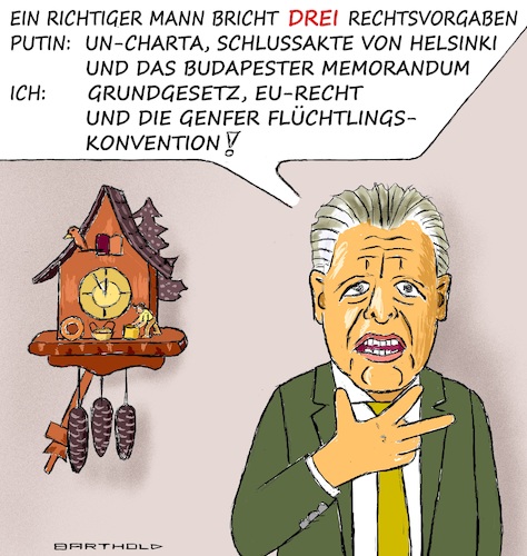 Cartoon: Aller guten Dinge sind drei (medium) by Barthold tagged thorsten,frei,cdu,parlamentarischer,geschäftsführer,vorstoß,abschaffung,asylrecht,ersetzen,durch,institutsgarantie,kontingentaufnahme,institutionelles,recht,verletzt,grundgesetz,eu,genfer,flüchtlingskonvention,vergleich,rechtsbrecher,putiun,cartoon,karikatur,barthold,thorsten,frei,cdu,parlamentarischer,geschäftsführer,vorstoß,abschaffung,asylrecht,ersetzen,durch,institutsgarantie,kontingentaufnahme,institutionelles,recht,verletzt,grundgesetz,eu,genfer,flüchtlingskonvention,vergleich,rechtsbrecher,putiun,cartoon,karikatur,barthold