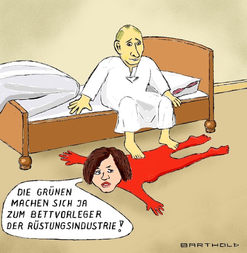 Cartoon: Amira Moham. Ali spricht (medium) by Barthold tagged amira,mohamed,ali,fraktionsvorsitzende,linke,vorwurf,grünen,unterstützung,ukraine,waffen,waffenlieferungen,anbiederung,rüstungsindustrie,putin,bettkante,bettvorleger,cartoon,karikatur,barthold,almira,mohamed,ali,fraktionsvorsitzende,linke,vorwurf,grünen,unterstützung,ukraine,waffen,waffenlieferungen,anbiederung,rüstungsindustrie,putin,bettkante,bettvorleger,cartoon,karikatur,barthold