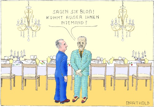 Cartoon: Bankett für Erdogan in Berlin (medium) by Barthold tagged recep,tayyip,erdogan,cem,özdemir,bankett,berlin,28,september,2018,frank,walter,steinmeier,tafel,kronleuchter