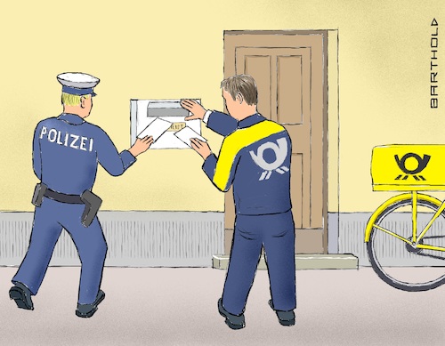 Cartoon: Briefzustellung in Hessen (medium) by Barthold tagged polizei,hessen,frankfurt,wiesbaden,datenabfrage,polizeicomputer,bedrohung,drohbrief,nsu,seda,basay,yildiz,rechtsanwältin,janine,wissler,landtagsabgeordnete,linken,idil,baydar,kabarettistin,anne,helm,abgeordnete,senat,berlin,martina,renner,helin,evrin,bundestagsabgeordnete,maybritt,illner,hausbriefkasten,briefträger,polizist,postfahrrad,rechte,zelle,karikatur,cartoon,barthold,polizei,hessen,frankfurt,wiesbaden,datenabfrage,polizeicomputer,bedrohung,drohbrief,nsu,seda,basay,yildiz,rechtsanwältin,janine,wissler,landtagsabgeordnete,linken,idil,baydar,kabarettistin,anne,helm,abgeordnete,senat,berlin,martina,renner,helin,evrin,bundestagsabgeordnete,maybritt,illner,hausbriefkasten,briefträger,polizist,postfahrrad,rechte,zelle,karikatur,cartoon,barthold