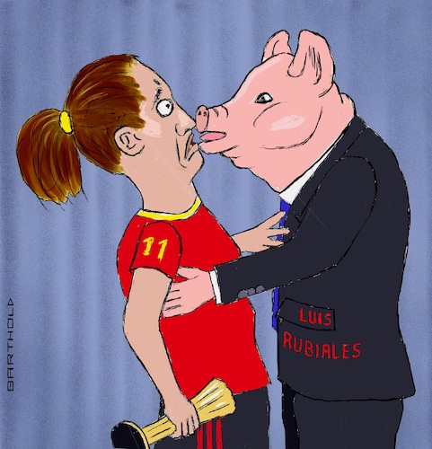 Cartoon: Chauvinist at Work (medium) by Barthold tagged frauenfußball,weltmeisterschaft,australien,neuseeland,2023,sieg,spanien,luis,rubiales,verbandsmanager,mundkuss,kuss,mund,jennifer,hermoso,sexuelle,belästigung,übergriffigkeit,chauvinismus,mangel,respekt,metoo,cartoon,karikatur,barthold,frauenfußball,weltmeisterschaft,australien,neuseeland,2023,sieg,spanien,luis,rubiales,verbandsmanager,mundkuss,kuss,mund,jennifer,hermosa,mannschaftskapitänin,sexuelle,belästigung,übergriffigkeit,chauvinismus,mangel,respekt,metoo,cartoon,karikatur,barthold