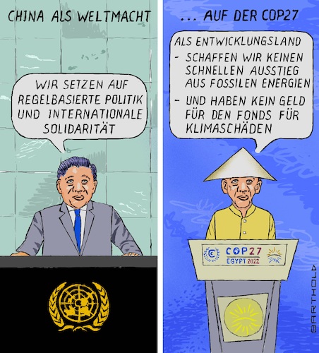 Cartoon: Der doppelte Xi Jinping (medium) by Barthold tagged cop27,klimakonferenz,klimagipfel,sharm,el,sheikh,ägypten,2022,china,weltmacht,zweitstärkste,wirtschaftsmacht,nach,opportunität,status,entwicklungsland,ablehnung,schneller,ausstieg,kohle,öl,gas,zahlung,fonds,klimaschäden,xi,jinping,cartoon,karikatur,barthold,cop27,klimakonferenz,klimagipfel,sharm,el,sheikh,ägypten,2022,china,weltmacht,zweitstärkste,wirtschaftsmacht,nach,opportunität,status,entwicklungsland,ablehnung,schneller,ausstieg,kohle,öl,gas,zahlung,fonds,klimaschäden,xi,jinping,cartoon,karikatur,barthold