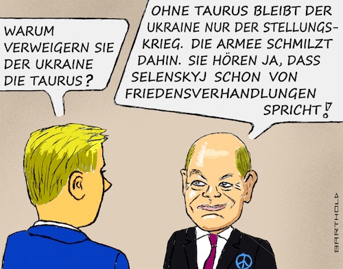 Cartoon: Der Friedenskanzler (medium) by Barthold tagged ukraine,krieg,unterstützung,deutschland,marschflugkörper,taurus,olaf,scholz,zögerer,unverständnis,vergrößert,zahl,gefallenen,kriegstoten,verschlechtert,verhandlungsposition,cartoon,karikatur,barthold,ukraine,krieg,unterstützung,deutschland,marschflugkörper,taurus,olaf,scholz,zögerer,unverständnis,vergrößert,zahl,gefallenen,kriegstoten,verschlechtert,verhandlungsposition,cartoon,karikatur,barthold