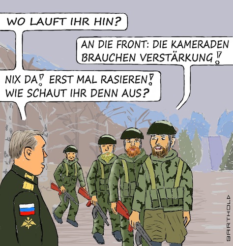 Cartoon: Der neue Kommandeur (medium) by Barthold tagged ukraine,krieg,kommandeur,waleri,gerassimow,absicht,mehr,einhaltung,vorschriften,rasurbefehl,uniformen,korrekt,trupp,soldaten,entsatz,verzögerung,abmarsch,cartoon,karikatur,barthold,ukraine,krieg,kommandeur,waleri,gerassimow,absicht,mehr,einhaltung,vorschriften,rasurbefehl,uniformen,korrekt,trupp,soldaten,entsatz,verzögerung,abmarsch,cartoon,karikatur,barthold