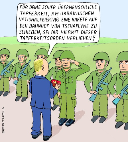 Cartoon: Die heroische russ. Armee (medium) by Barthold tagged wladimir,putin,präsident,russland,ukraine,krieg,ukrainischer,nationalfeiertag,angriff,rakete,bahnhof,zug,tschaplyne,22,zweiundzwanzig,tote,verleihung,tapferkeitsorden,cartoon,karikatur,barthold,wladimir,putin,präsident,russland,ukraine,krieg,ukrainischer,nationalfeiertag,angriff,rakete,bahnhof,zug,tschaplyne,22,zweiundzwanzig,tote,verleihung,tapferkeitsorden,cartoon,karikatur,barthold