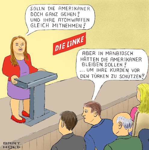 Cartoon: Die konsequente Frau Dagdelen (medium) by Barthold tagged sevim,dagdelen,linken,abgeordnete,bundestag,befürwortung,amerikanischer,truppenrückzug,deutschland,pazifismus,problematik,stellungnahme,nordsyrien,kurden,manbidsch,rückzug,inkonsequenz,karikatur,barthold,sevim,dagdelen,linken,abgeordnete,bundestag,befürwortung,amerikanischer,truppenrückzug,deutschland,pazifismus,problematik,stellungnahme,nordsyrien,kurden,mandbidsch,rückzug,inkonsequenz,karikatur,barthold