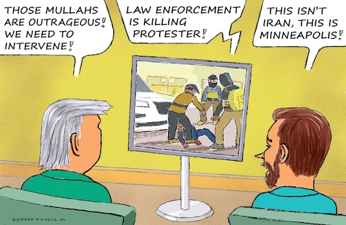 Cartoon: Double Standards? (medium) by Barthold tagged usa,ice,official,minneapolis,chase,immigrants,protests,killing,protester,alex,pretti,false,claim,lie,selfdefense,deliberation,intervention,iran,mullah,revolutionary,guards,violence,question,double,standard,tv,news,jd,vance,cartoon,caricature,barthold,usa,ice,official,minneapolis,chase,immigrants,protests,killing,protester,alex,pretti,false,claim,lie,selfdefense,deliberation,intervention,iran,mullah,revolutionary,guards,violence,question,double,standard,tv,news,jd,vance,cartoon,caricature,barthold