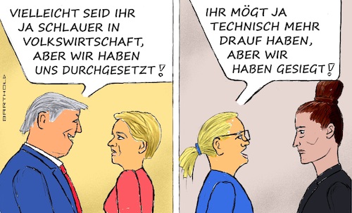 Cartoon: Ein Tag - zwei Ereignisse (medium) by Barthold tagged 27ter,juli,2025,einigung,zölle,eu,leyen,usa,trump,fußball,frauenfußball,fraueneuropameisterschaft,sieger,england,trainerin,sarina,wiegman,unterlegen,spanien,montserrat,tome,cartoon,karikatur,barthold,27ter,juli,2025,einigung,zölle,eu,leyen,usa,trump,fußball,fraueneuropameisterschaft,sieger,england,trainerin,sarina,wiegmann,unterlegen,spanien,montserrat,tome,cartoon,karikatur,barthold