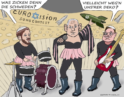 Cartoon: Etwa unsre kl. Spezialoperat.? (medium) by Barthold tagged schweden,offener,brief,contra,gegen,teilnahme,ausschluss,israel,esc,2024,tausend,unterschriften,zitat,bezug,anspielung,inkriminierte,karikatur,dieter,hanitzsch,sz,2018,bezalel,smotrich,benjamin,netanjahu,netanyahu,itamar,ben,gvir,cartoon,barthold,schweden,offener,brief,contra,gegen,teilnahme,israel,esc,2024,zitat,bezug,anspielung,inkriminierte,karikatur,dieter,hanitzsch,sz,bezalel,smotrich,benjamin,netanjahu,netanyahu,itamar,ben,gvir,cartoon,barthold