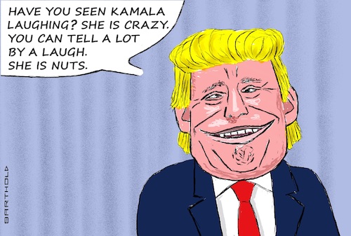Cartoon: First Hit for Trump! (medium) by Barthold tagged donald,trump,election,campaign,verbal,attack,against,kamala,harris,her,laughing,shows,reveals,craziness,cartoon,caricature,barthold,donald,trump,election,campaign,verbal,attack,against,kamala,harris,her,laughing,shows,reveals,craziness,cartoon,caricature,barthold