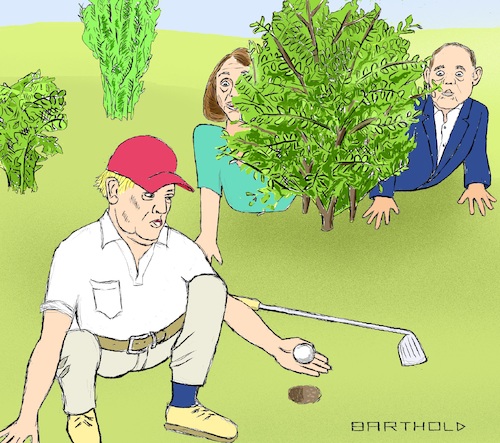Cartoon: Foul Play Res. in Disqualificat. (medium) by Barthold tagged launch,impeachment,inquiry,nancy,pelosi,house,representatives,speaker,adam,schiff,intelligence,committee,donald,trump,hole,wedge,commander,cheat,rick,reilly,golfing,foul,play,disqualification
