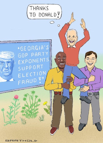 Cartoon: Georgia - January 2021 (medium) by Barthold tagged senators,election,georgia,january,2021,raphael,warnock,jon,ossof,democratic,party,billboard,fictitious,trump,statement,joe,biden,majority,both,houses,cartoon,caricature,barthold,senators,election,georgia,january,2021,raphael,warnock,jon,ossof,democratic,party,billboard,fictitious,trump,statement,joe,biden,majority,both,houses,cartoon,caricature,barthold