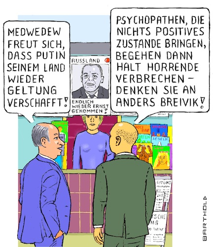 Cartoon: Hauptsache Beachtung finden (medium) by Barthold tagged dmitri,medwedew,statement,russland,ernst,genommen,ukraine,krieg,ukrainekrieg,wladimir,putin,vergleich,anders,breivik,sucht,beachtung,geltungsbedürfnis,psychopath,soziopath,verbrechen,zeitungskiosk,gespräch,dialog,cartoon,karikatur,barthold,dmitri,medwedew,statement,russland,ernst,genommen,ukraine,krieg,ukrainekrieg,wladimir,putin,vergleich,anders,breivik,sucht,beachtung,geltungsbedürfnis,psychopath,soziopath,verbrechen,zeitungskiosk,gespräch,dialog,cartoon,karikatur,barthold