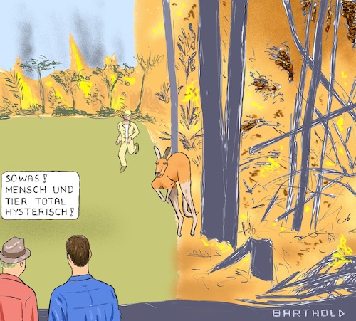 Cartoon: Klimahysterie? (medium) by Barthold tagged unwort,jahr,2019,klimahysterie,universität,trier,technische,darmstadt,germanistik,sprachwissenschaft,waldbrand,fliehende,mensch,känguru,unwort,jahr,2019,klimahysterie,universität,trier,technische,darmstadt,germanistik,sprachwissenschaft,waldbrand,fliehende,mensch,känguru