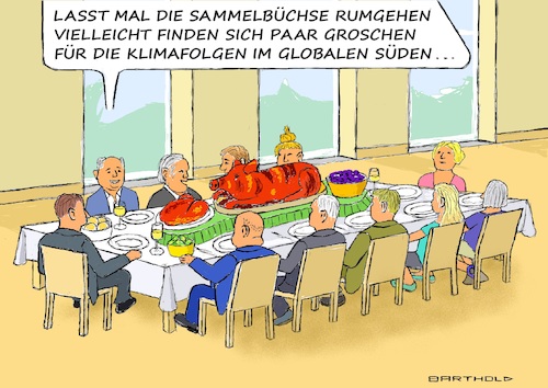 Cartoon: Konf. Bonn - Vorbereitung COP29 (medium) by Barthold tagged bonn,vorbereitungskonferenz,cop29,baku,aserbaidschan,november,fonds,klimafolgen,globaler,süden,entwicklungsländer,umsiedlungen,neuaufbau,überschwemmungen,stürme,waldbrände,klimawandel,ökologie,banquett,festtafel,cartoon,karikatur,barthold,bonn,vorbereitungskonferenz,cop29,baku,aserbaidschan,november,fonds,klimafolgen,globaler,süden,entwicklungsländer,umsiedlungen,neuaufbau,überschwemmungen,stürme,waldbrände,klimawandel,ökologie,banquett,festtafel,cartoon,karikatur,barthold