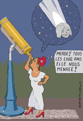 Cartoon: La comete (medium) by Barthold tagged france,elections,presidentielles,2017,2022,marine,le,pen,rassemblement,national,comete,marianne,telescope,anxiete,peur,menace,cartoon,caricature,barthold,france,elections,presidentielles,2017,2022,marine,le,pen,rassemblement,national,comete,marianne,telescope,anxiete,peur,menace,cartoon,caricature,barthold