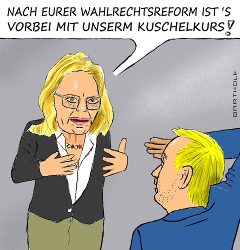 Cartoon: Lindholz droht Lindner (medium) by Barthold tagged wahlrechtsrefom,begrenzung,erststimmen,nachteil,csu,andrea,lindholz,drohung,gegen,fdp,kampf,kämpfen,zweitstimmen,christian,lindner,cartoon,karikatur,barthold,wahlrechtsrefom,begrenzung,erststimmen,nachteil,csu,andrea,lindholz,drohung,gegen,fdp,kampf,kämpfen,zweitstimmen,christian,lindner,cartoon,karikatur,barthold