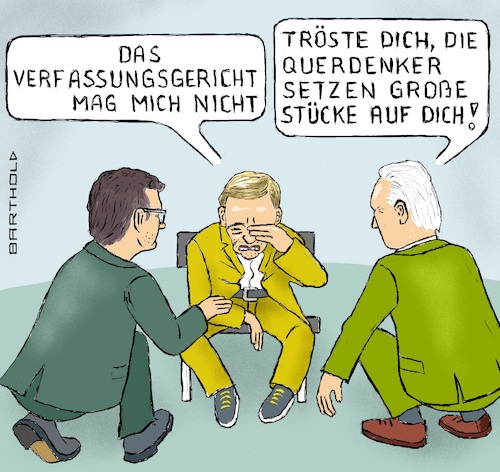 Cartoon: Lindner untröstlich! (medium) by Barthold tagged urteil,bundesverfassungsgericht,bundesnotbremse,frühjahr,2021,maßnahmen,lockdown,ausgangssperre,schließung,handel,gastronomie,gastgewerbe,sportstätten,zulässig,marco,buschmann,wolfgang,kubicki,freiheitsjunkies,fdp,cartoon,karikatur,barthold,urteil,bundesverfassungsgericht,bundesnotbremse,frühjahr,2021,maßnahmen,lockdown,ausgangssperre,schließung,handel,gastronomie,gastgewerbe,sportstätten,zulässig,marco,buschmann,wolfgang,kubicki,freiheitsjunkies,fdp,cartoon,karikatur,barthold