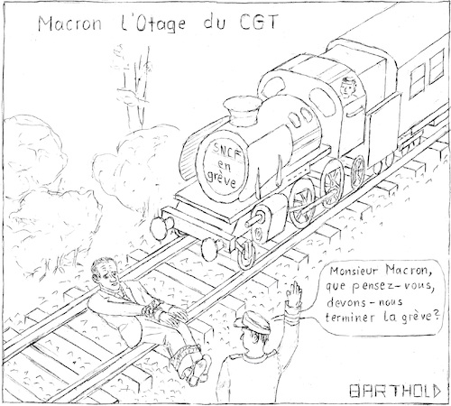 Cartoon: Macron l Otage du CGT (medium) by Barthold tagged greve,cheminots,francais,emmanuel,macron,president,locomotive,voie,otage,cgt,syndicat,sncf