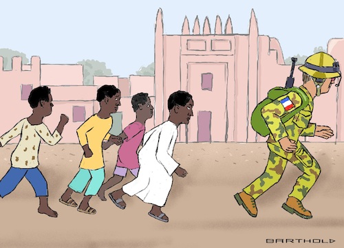 Cartoon: Mali vertreibt Franzosen (medium) by Barthold tagged mali,französische,einheiten,franzosen,beendigung,multinationale,missionen,barkhane,takuba,bekämpfung,al,qaida,is,zerwürfnis,putschistenführer,assimi,goita,stadt,lehmbauten,kinder,soldat,cartoon,karikatur,barthold,mali,französische,einheiten,franzosen,beendigung,multinationale,missionen,barkhane,takuba,bekämpfung,al,qaida,is,zerwürfnis,putschistenführer,assimi,goita,stadt,kinder,soldat,cartoon,karikatur,barthold