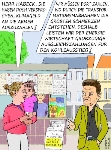 Cartoon: Mitteleinsatz (medium) by Barthold tagged grüne,robert,habeck,klimafond,wahlversprechen,klimageld,sozialausgleich,lasten,co2,abgabe,co2abgabe,frau,mit,kind,zeitungsstand,zeitungskiosk,kiosk,taz,anmahnung,cartoon,karikatur,barthold,grüne,robert,habeck,klimafond,wahlversprechen,klimageld,sozialausgleich,lasten,co2,abgabe,co2abgabe,frau,mit,kind,zeitungsstand,zeitungskiosk,kiosk,taz,anmahnung,cartoon,karikatur,barthold