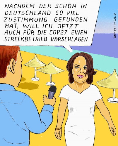 Cartoon: Noch mal Streckbetrieb (medium) by Barthold tagged welt,klimakonferenz,cop27,sharm,el,sheikh,ägypten,wenig,ergebnisse,möglichkeit,verlängerung,streckbetrieb,annalena,baerbock,cartoon,karikatur,barthold,welt,klimakonferenz,cop27,sharm,el,sheikh,ägypten,wenig,ergebnisse,möglichkeit,verlängerung,streckbetrieb,annalena,baerbock,cartoon,karikatur,barthold