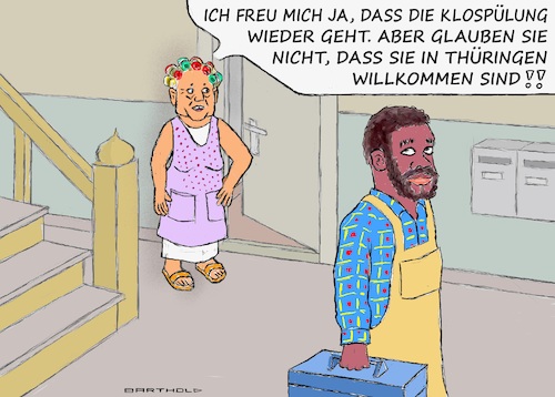 Cartoon: Offene Arme für Fremde (medium) by Barthold tagged thüringen,sachsen,neue,bundesländer,fremdenfeindlichkeit,arbeitgeber,besorgt,fürchten,fachkräftemangel,hausfrau,klempner,verbaler,angriff,cartoon,karikatur,barthold,thüringen,sachsen,neue,bundesländer,fremdenfeindlichkeit,arbeitgeber,besorgt,fürchten,fachkräftemangel,hausfrau,klempner,verbaler,angriff,cartoon,karikatur,barthold