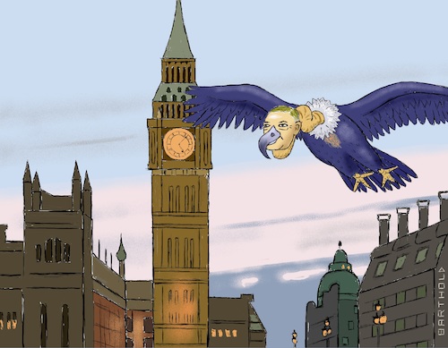 Cartoon: Pompeos visit 2 days bef. Brexit (medium) by Barthold tagged meeting,mike,pompeo,boris,johnson,dominic,raab,january,29,2020,london,future,relationship,city,big,ben,vulture,cartoon,caricature,barthold
